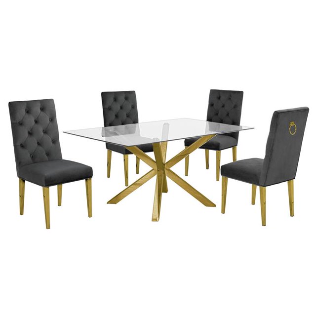 63" x 39" Rectangulaire Verre Clair 5pc Ensemble de Salle à Manger en Acier Inoxydable Doré
