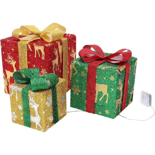 Cajas de Regalo Navideñas con Luces LED - Decoración Festiva para Interiores y Exteriores, Ideal para Árboles, Ventanas y Paredes, Regalo Único para Familiares y Amigos, Estilo Plata con Diseño de