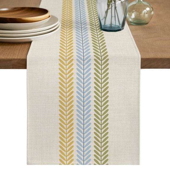 Table Runners 36 Inches Long Dress Scarves, Green Blue Yellow Botanical Farmhouse Kitchen/Dining Table Decor Table Runner, Short Coffee Tablerunners, Farmhouse Vertical Leaves 13x36 Inch