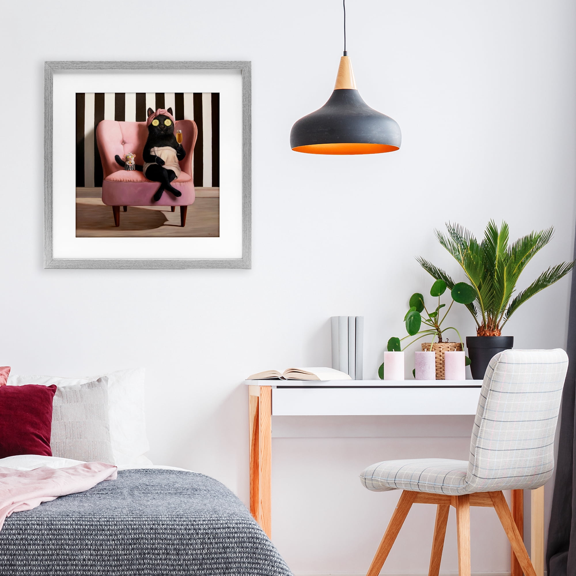Stupell Industries Pamper Party Cat Gray Framed Print Under Glass, design by Lucia Heffernan