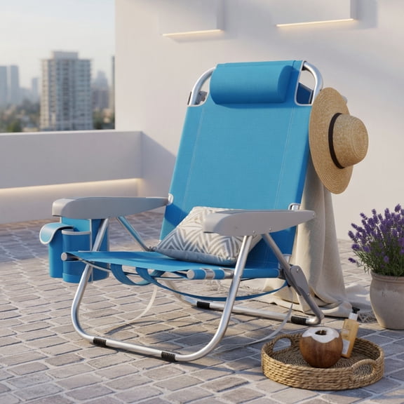 Hommoo Foldable Beach Chair with Cup Holder & Storage Pockets, Lightweight Aluminum Outdoor Chair for Beach, Pool, Lawn, Blue