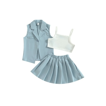 

Arvbitana 3Pcs Toddler Girls Skirt Suit Sleeveless Off Shoulder Short Vest + Buttons Waistcoat + Pleated A-Lined Half Dress 3T 4T 5T 6T 7T