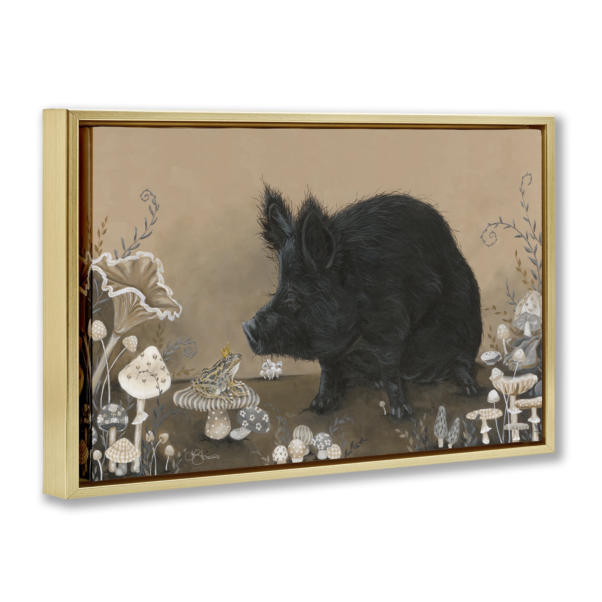 Stupell Industries Hog & Frog with Mushrooms Animals & Insects Painting Gold Floater Framed Canvas Art Print Wall Art, 25 x 17