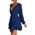 thumbnail image 4 of Women's Dress Deep V-Neck Long Sleeve Waist Tie Ruffle Mini Swing Skater Dresses, 4 of 11