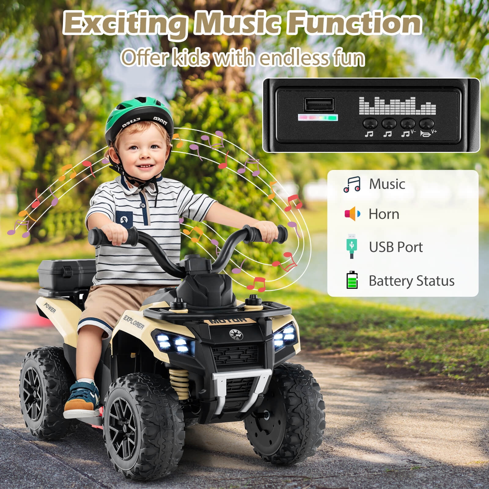 Infans 6V Kids Ride On ATV w/ Music & Spray Function USB Port Storage Box Toy Car