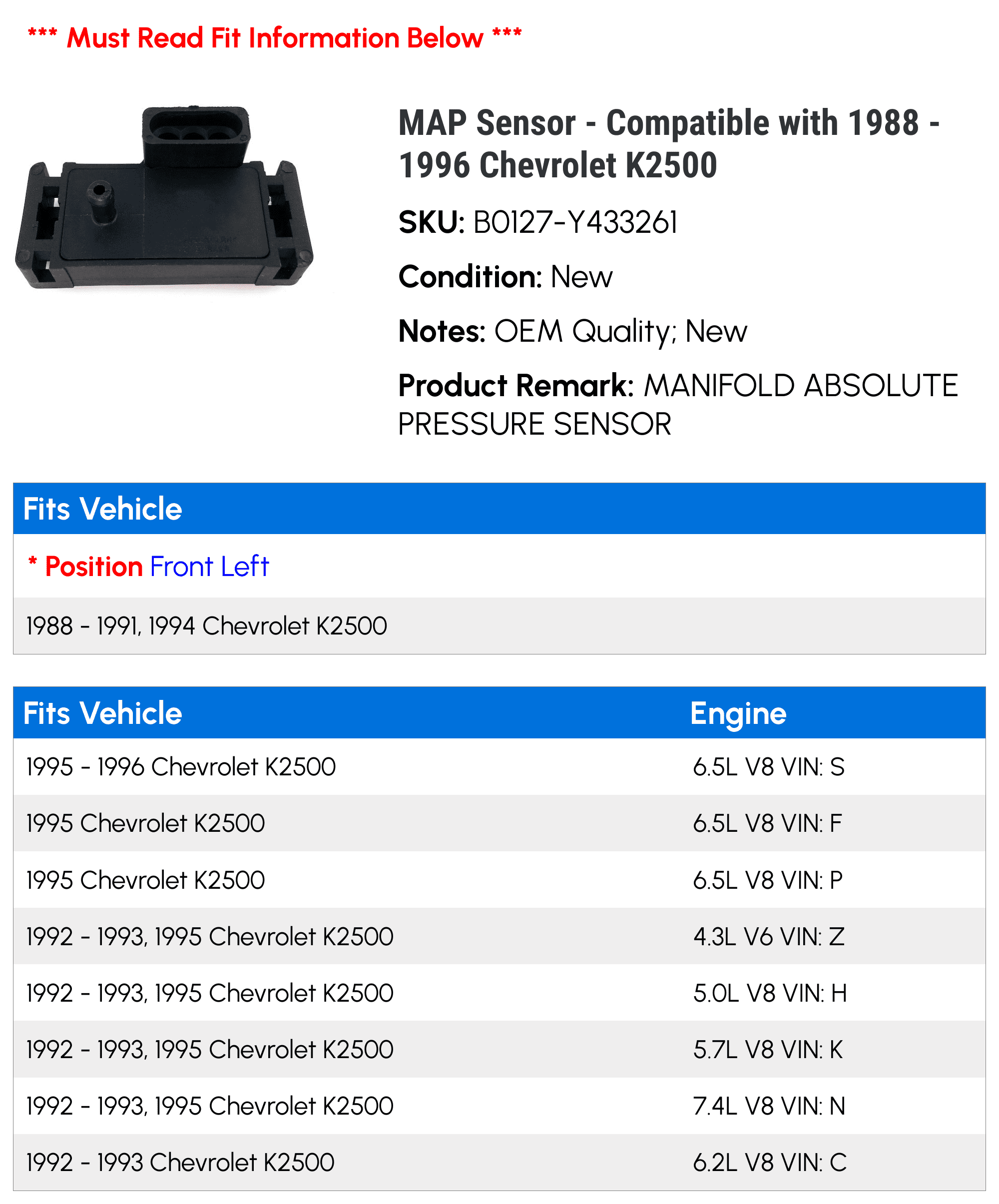 MAP Sensor - Compatible with 1988 - 1996 Chevy K2500 1989 1990 1991 1992 1993 1994 1995