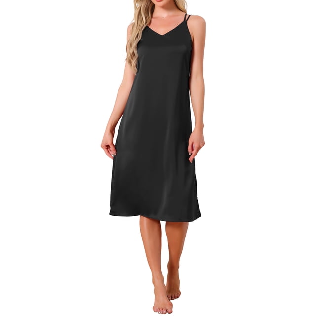 INSPIRAR CHIC Vestido de dormir para mujeres de satén sin mangas con doble tirante de espagueti, espalda cruzada, sexy, escote en V, midi, bata de noche, L negro