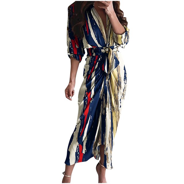 Vestido Casual de Verano Con Abertura de Tenedor Y Botones Estampados de Manga Larga Para Mujer Odeerbi ODB114791