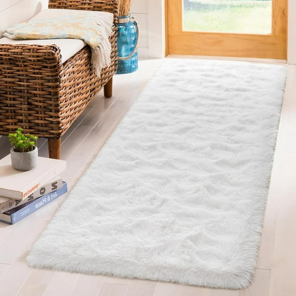 Fluffy Runner Rug for Entryway Bedroom, 2x8 Ft Washable Runners for Hallways with Non Slip Backing, Soft Shag Area Rug Floor Carpet Runner for Nursery Kitchen Laundry Living Room, White White 8' x 2'