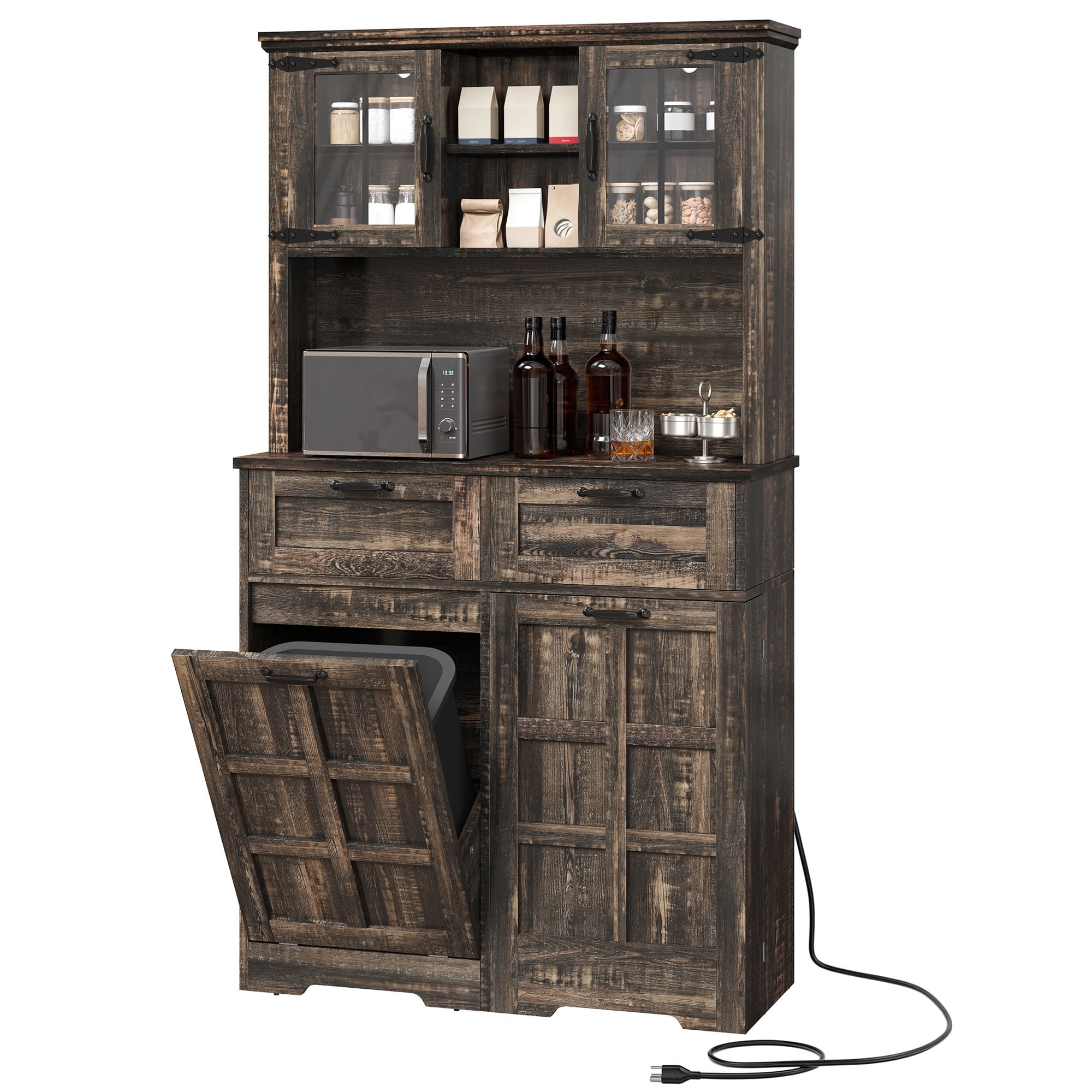 Uforic Kitchen Pantry Cabinet with Doors & Drawers, Storage Cabinet Fits 10-gal Trash Can, Rustic Oak
