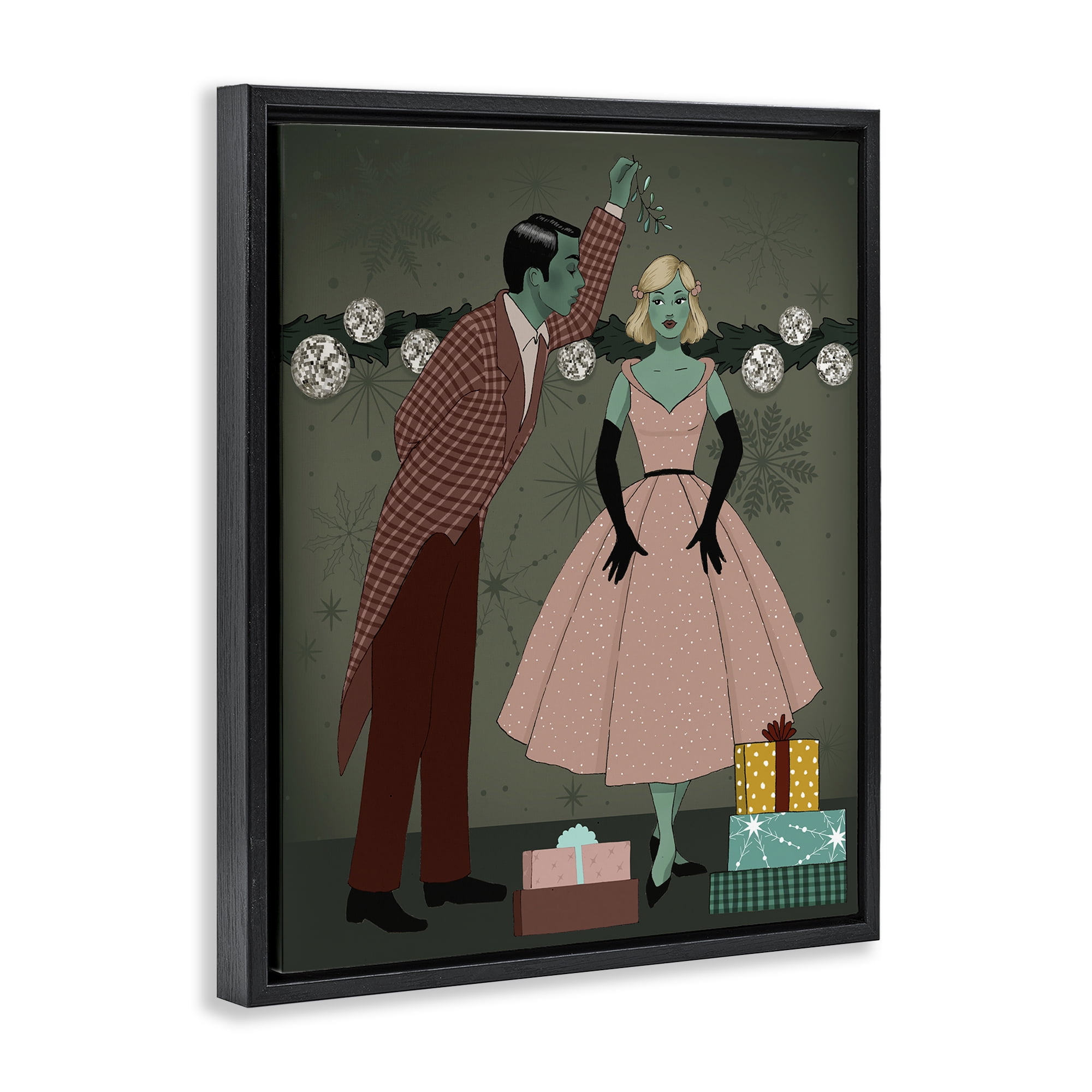 Stupell Industries Romantic Christmas Kiss Holiday Painting Black Floater Framed Art Print Wall Art, 17 x 21