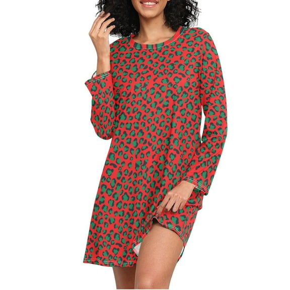 joogoo Green Leopard Print Women's Long Sleeve Nightgown Sleepwear L