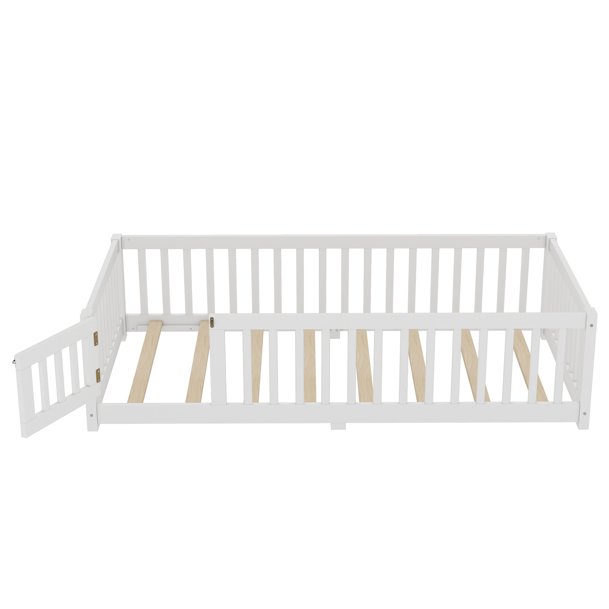 Jopath Twin Size Floor Bed Frame,Montessori Bed with Guardrails and Door,with Slatted Base,for Kids,Boys,Girls,White