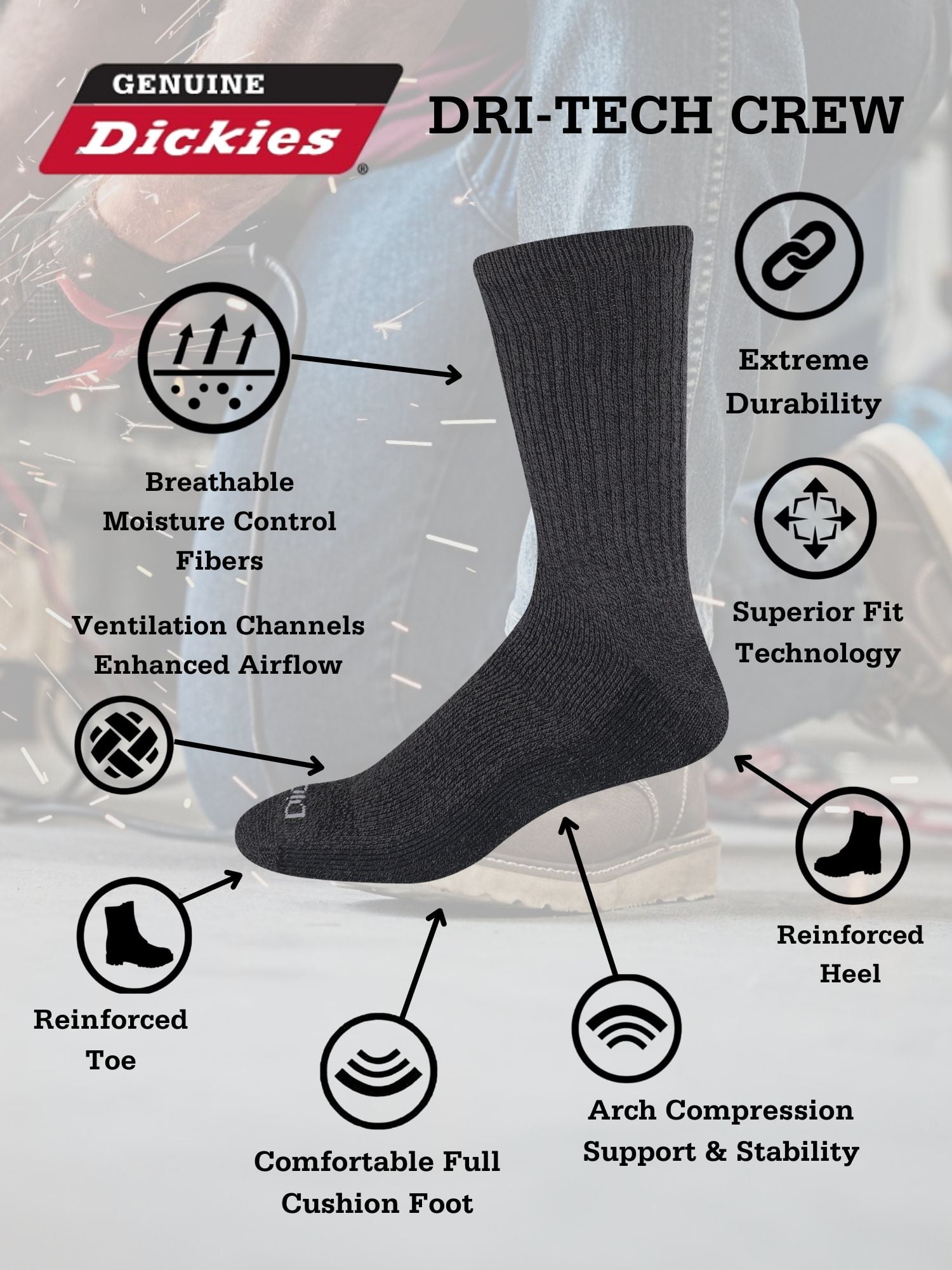 (2 pack) Genuine Dickies Men's Dri-Tech Crew Socks, 6-Pack