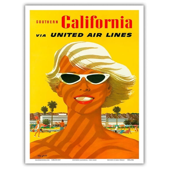 Southern California - United Air Lines - Sun Tanned Blonde with Sunglasses - Vintage Travel Poster by Stan Galli c.1955 - Master Art Print (Unframed) 9in x 12in