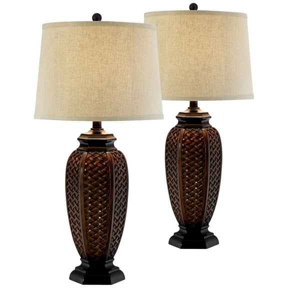 Regency Hill Tropical Table Lamps 29" Tall Set of 2 Weathered Brown Woven Wicker Jar Beige Linen Drum Shade for Living Room Family Bedroom