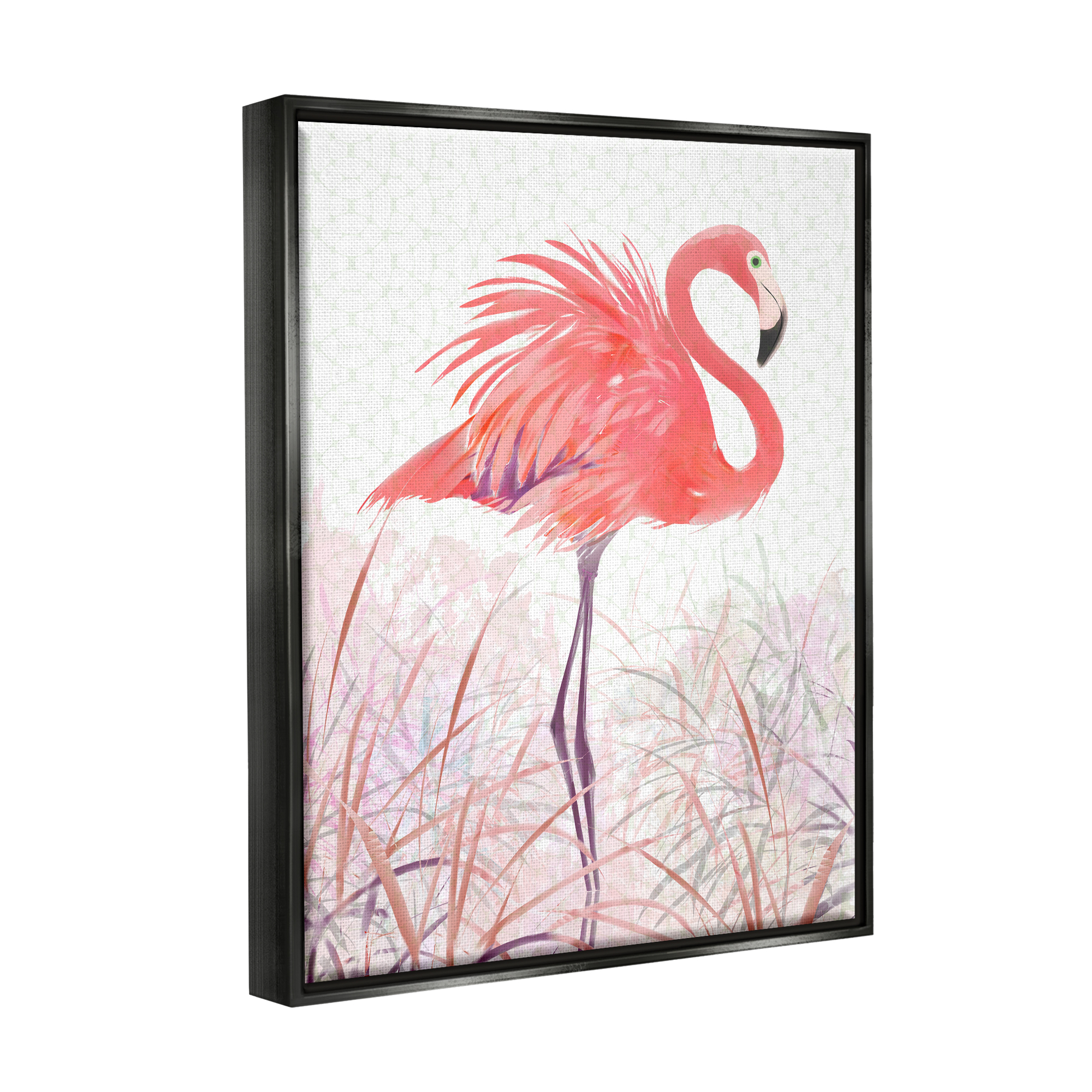 Stupell Flamingo Bird Tropical Grasses Patterned Animals & Insects Painting Black Floater Framed Art Print Wall Art