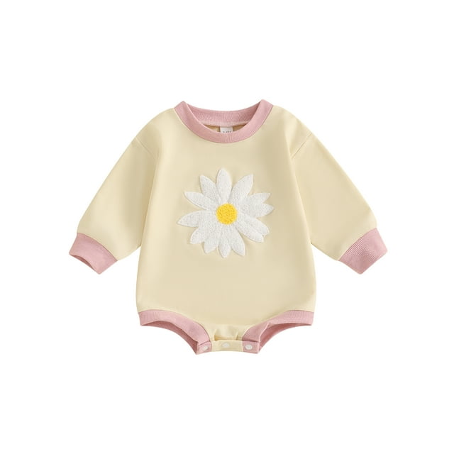EYIIYE Barboteuse une Pièce pour Bébé Fille 0 3M 6M 12M 18M Manches Longues Col Rond Justaucorps Pulls Broderie Fleur Chandails en Molleton Combinaisons Lin Ample Décontracté Quotidien Printemps Automne Vêtements