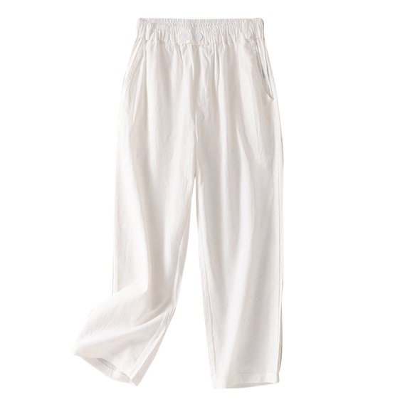 ZyeKqe Cotton Linen Wide Leg Pants Women High Waisted Lounge Pants Casual Ankle Length Trousers 2024