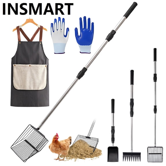 INSMART Chicken Poop Scooper, 3 in 1 Adjustable Metal Long Handle Litter Scooper with Shovel, Rake, Slotted Shovel, Chicken Coop Cleaning Tools Scooper for Sifting Chicken Sand and Wood Shavings
