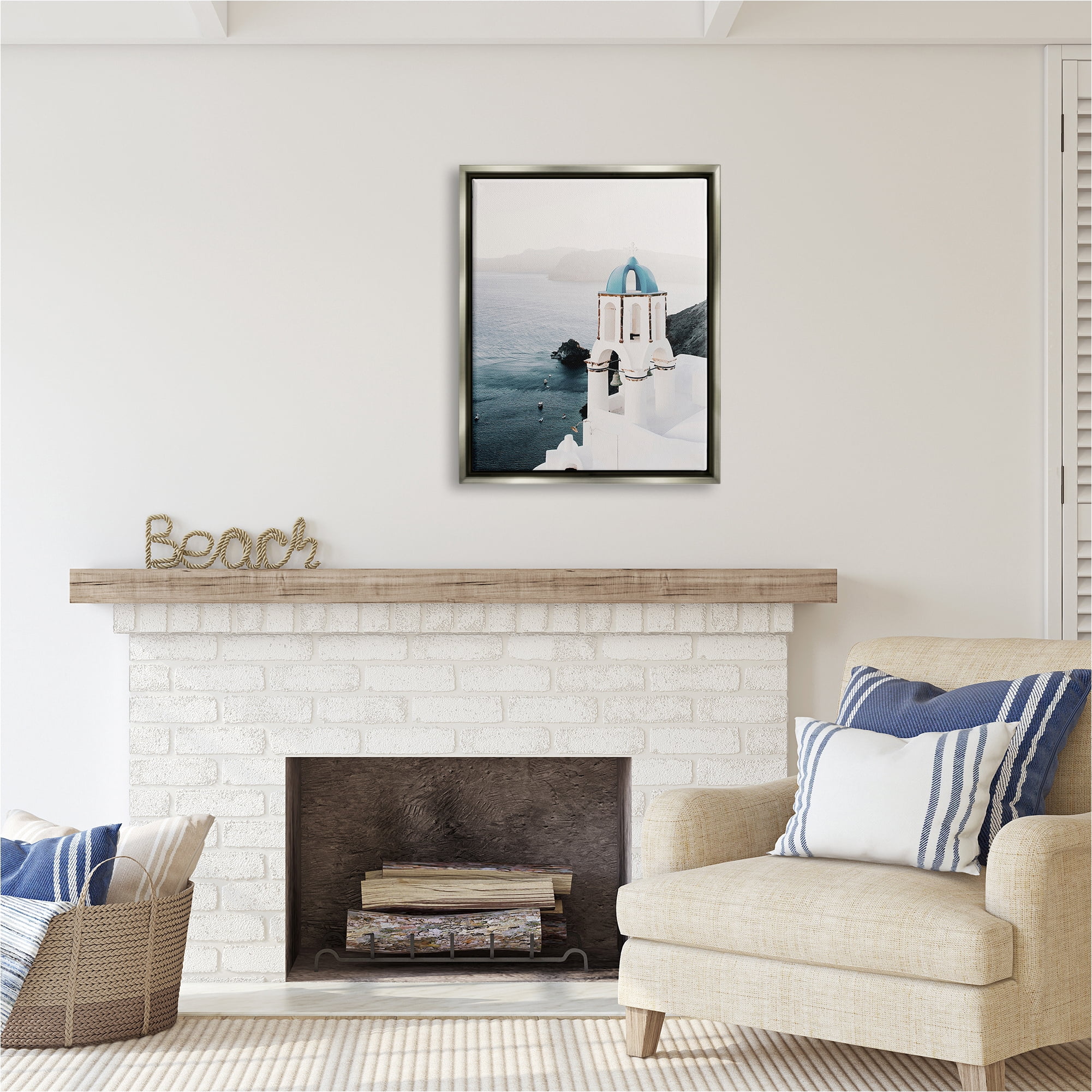 Stupell Industries Santorini Bell Tower Landscape Photography Gray Floater Framed Canvas Art Print Wall Art, 25 x 31