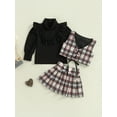 thumbnail image 3 of Bagilaanoe 3Pcs Little Girls Skirt Set Turtleneck Long Sleeve Knitted Ribbed Tops + Plaid Waistcoat + Pleated Skirts 1T 2T 3T 4T 5T 6T 7T Kids Casual Fall Outfits, 3 of 8