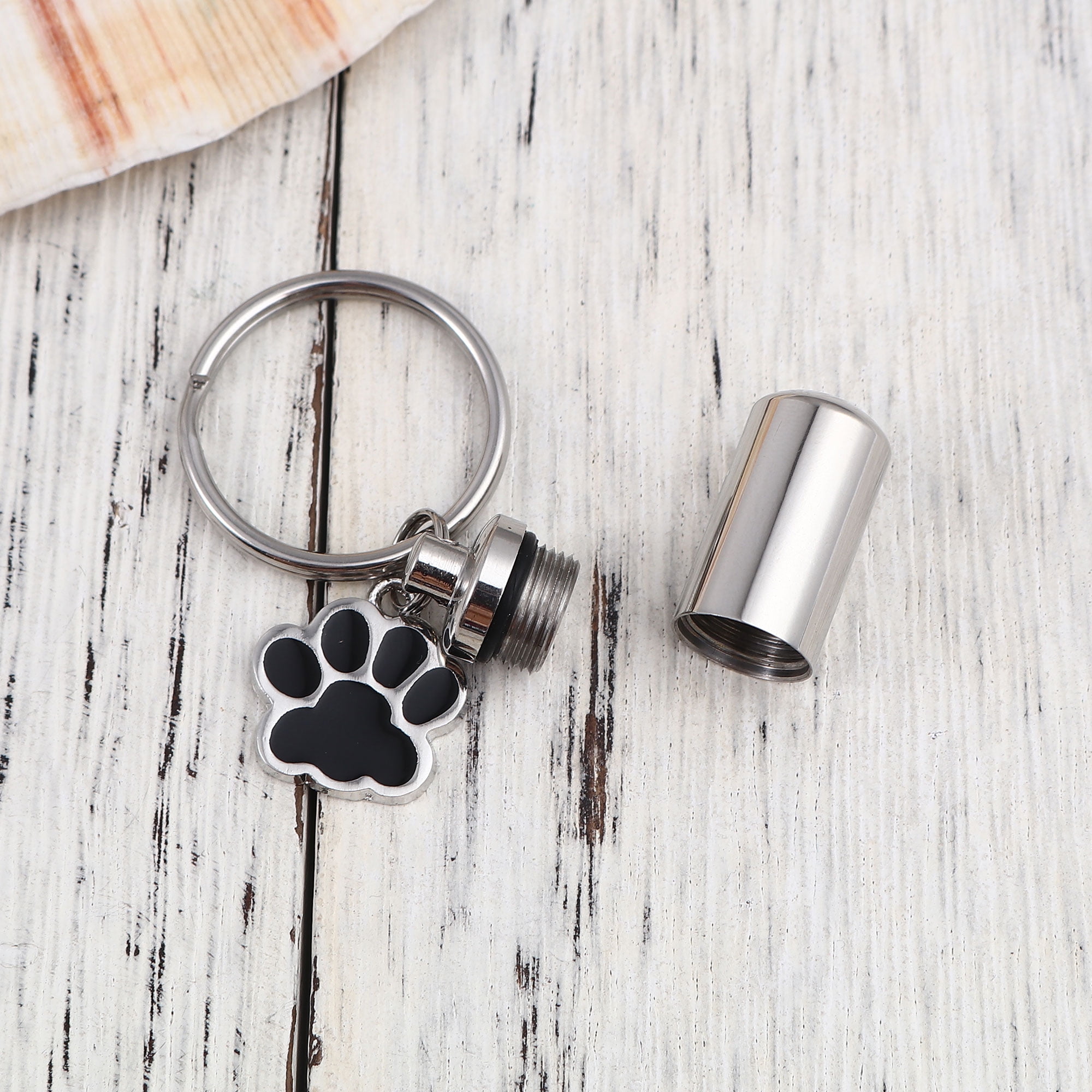 Waterproof Stainless Steel Silver Pet Cremation Urn Cylinder Bottle Black Paw Print Charm Keychain Memorial Ash Keepsake Cremation Jewelry Key Ring with Free Funnel Kit and Velvet Jewelry Box