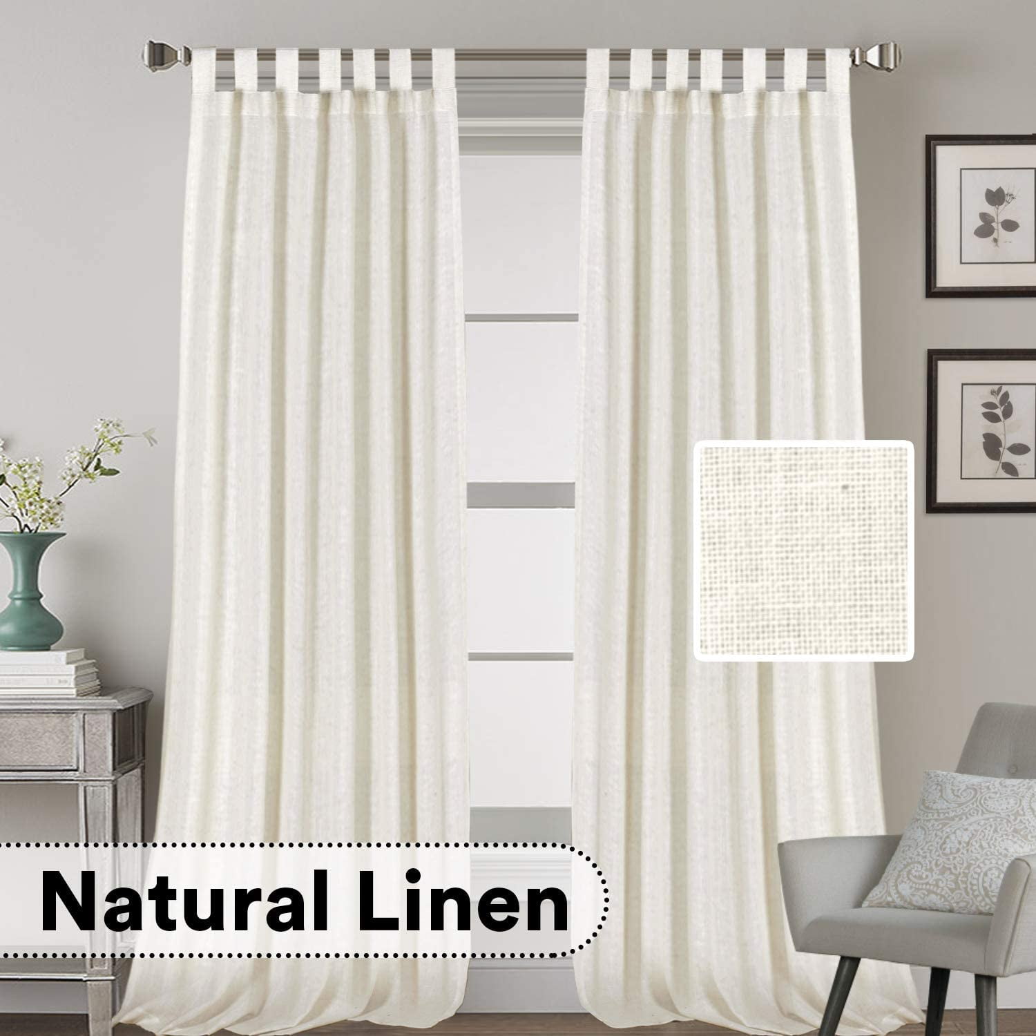 Tab Top Curtain Set Natural 2 Pack Ultra Luxurious High Woven Linen Elegant Curtain Panels Light Reducing Privacy Panels Drapes Extra Long 52x108-Inch 
