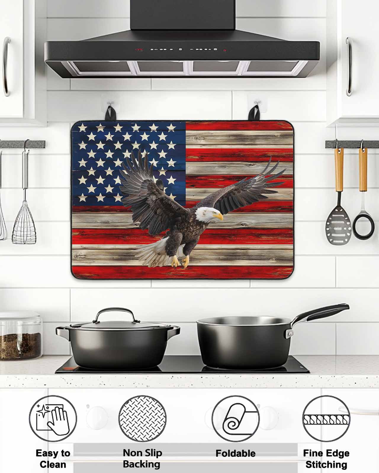 Stove Top Covers for Electric Stove, American Flag Glass Stovetop Cover Protector, Eagle Blue Red USA Flag Retro Induction Cooktop Protector Oven Mat for Kitchen Countertop 24"x21"