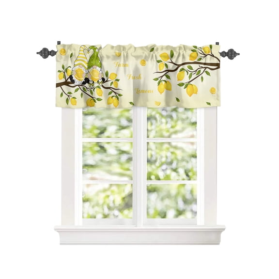 Curtain Valances for Kitchen Windows Lemon Gnome Branches Farm Fruit,Privacy Rod Pocket Drape Green Leaves Yellow Gradient,Window Valance Toppers for Living Room Bathroom Cafe Home Decor 60x18in