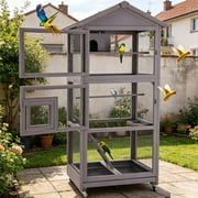 MEDEHOO Wooden Large Bird Cage Parakeet Cage with Wheels, Perch and Removable Pull-Out Tray Wooden Aviary Cage Indoor Parrot Cage House for Parrot, Dove, Canaries