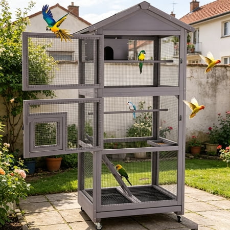 MEDEHOO Wooden Large Bird Cage Parakeet Cage with Wheels, Perch and Removable Pull-Out Tray Wooden Aviary Cage Indoor Parrot Cage House for Parrot, Dove, Canaries