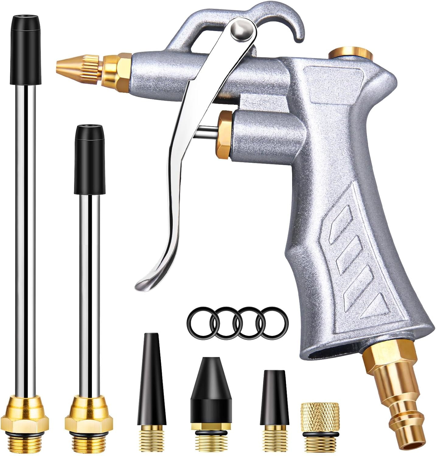 HRTGFD-Industrial Air Blow Gun with Brass Adjustable Air Flow Nozzle and 2 Steel Extension, Pneumatic Air Compressor Accessory Tool Dust Cleaning and Blower Gun