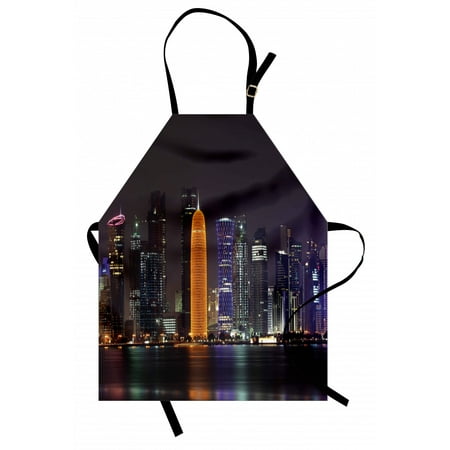 

Urban Apron Qatar Middle East Town with Luminous Skyscraper at Night Arabic View Unisex Kitchen Bib Apron with Adjustable Neck for Cooking Baking Gardening Charcoal Grey Purple Orange by Ambesonne