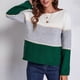 thumbnail image 3 of Suéter verde con bloques de color, cuello redondo, rayas anchas, corte holgado y manga larga para mujer, talla S, 3 of 6