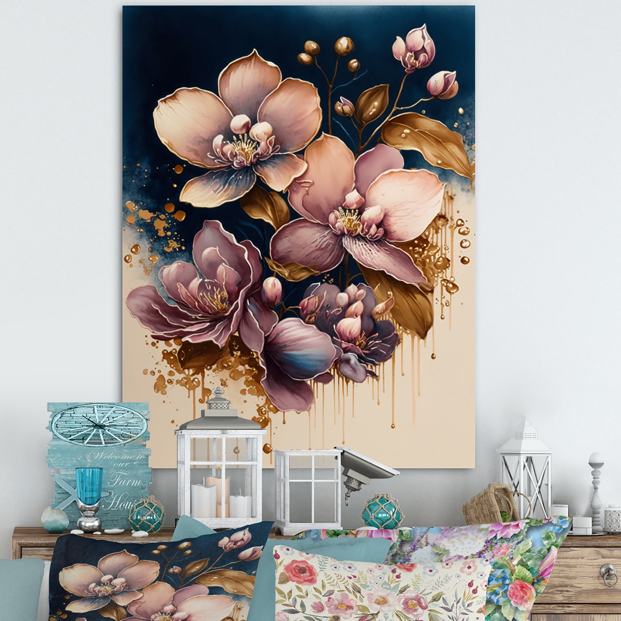 Designart Burgundy And Blue Orchid Bunch I Canvas Wall Art