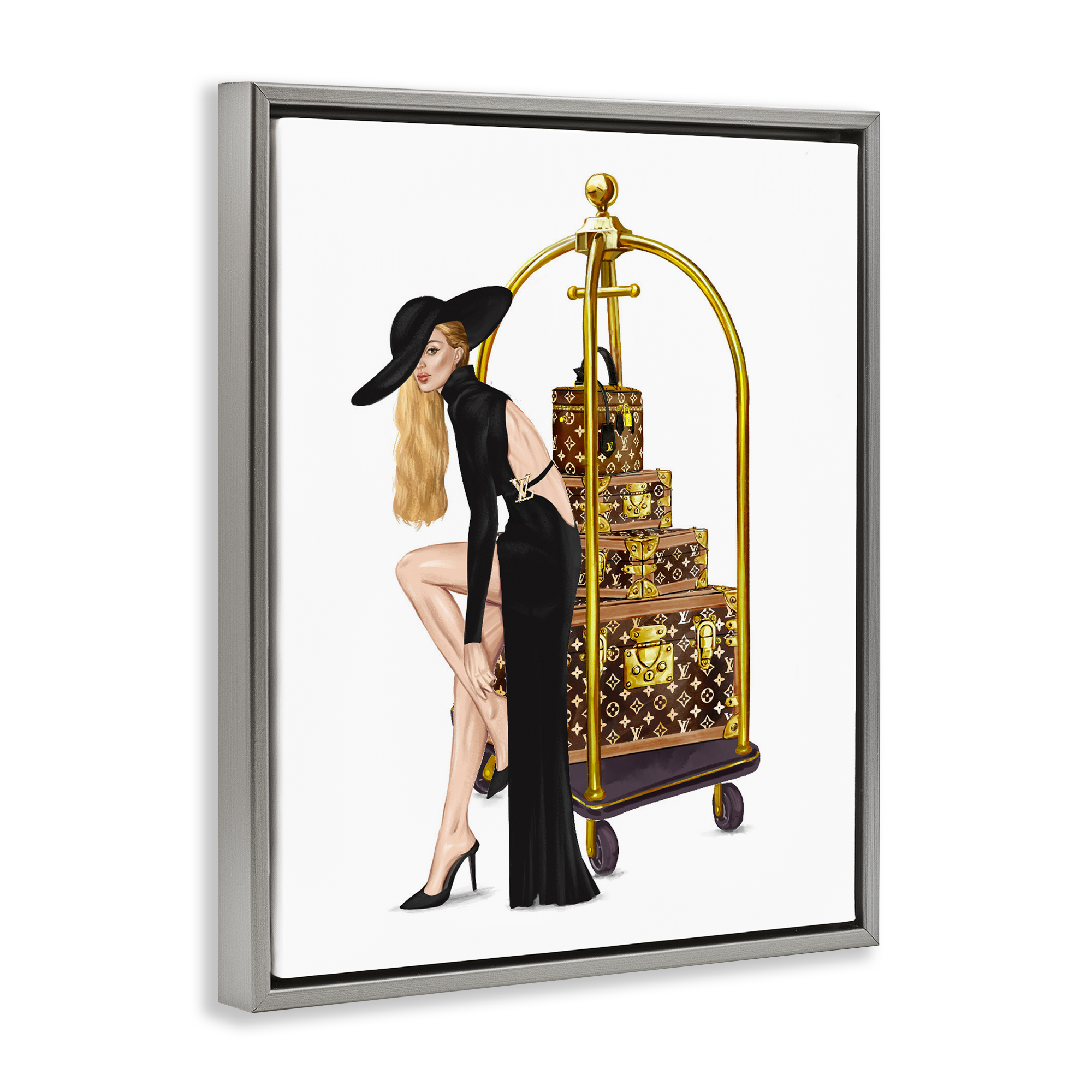 Fashionista with Hotel Luggage Gray Framed Floater Canvas Wall Art, design by Ziwei Li