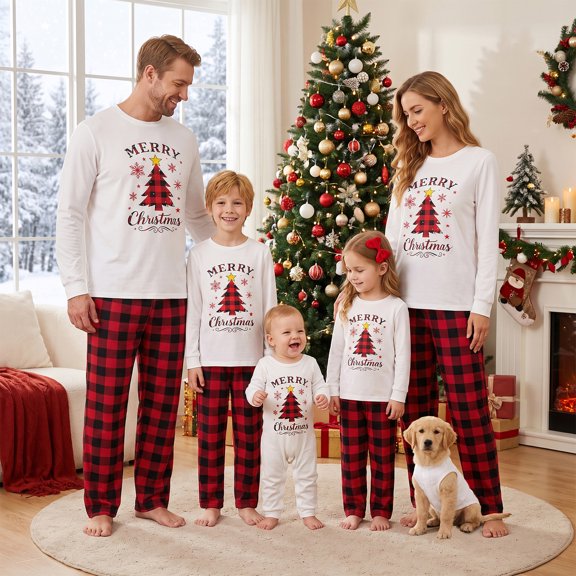 AIGUR Family Matching Christmas Pajamas Set, Merry Christmas Tree Print Long‑Sleeve Top Red Buffalo Plaid Pants for Adults, Kids Baby