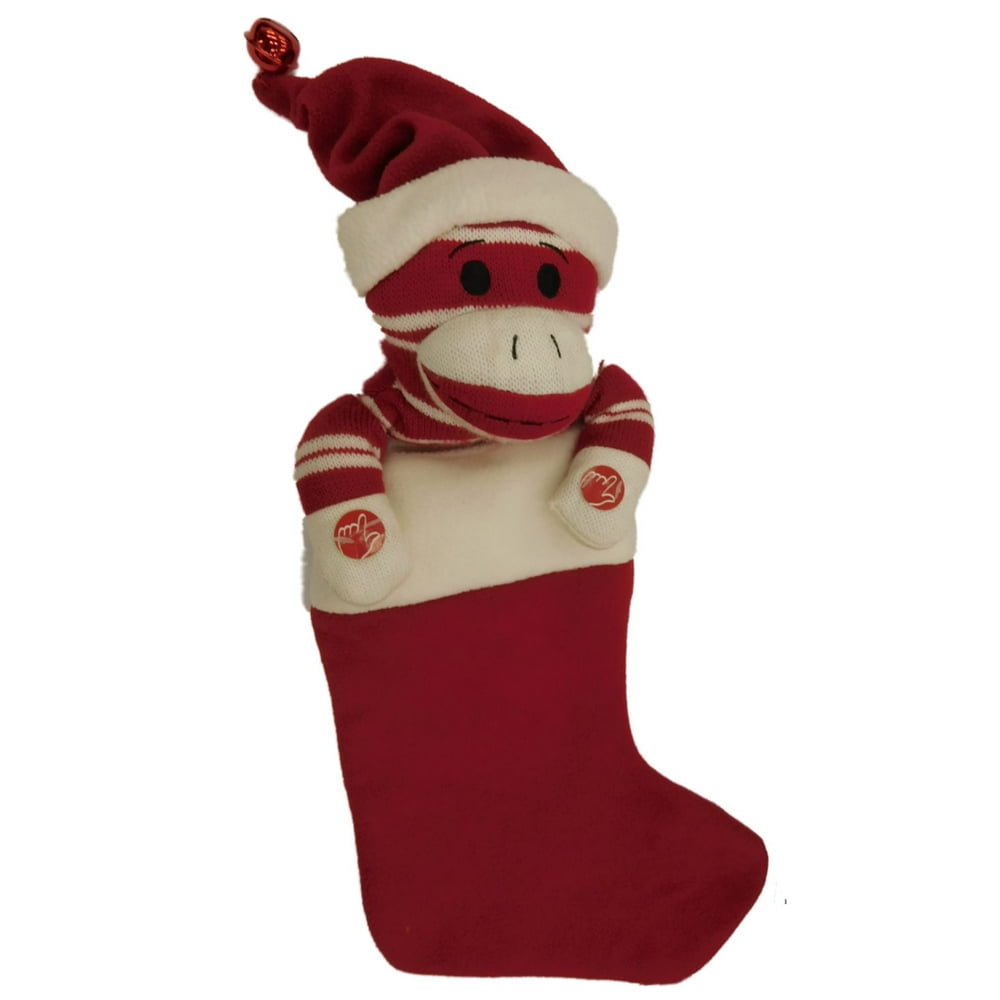 Red Musical Animated Singing Sock Monkey Christmas Stocking Feliz