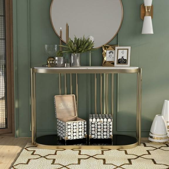 Roberts 1-Shelf Faux Marble Top Console Table, Antique Brass Plating
