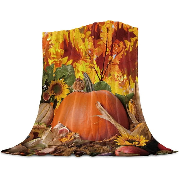 Flannel Fleece Throw Blanket for Sofa Couch Bed Autumn Leaves Happy Thanksgiving Day Pumpkin Soft Cozy Lightweight Blanket for Adults/Kids 39x49inch