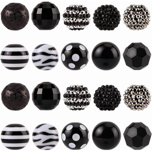 20 cuentas de resina acrílica surtidas negras de 10 estilos, cuentas de diamantes de imitación facetadas redondas con patrón de cebra, cuentas espaciadoras sueltas a granel.