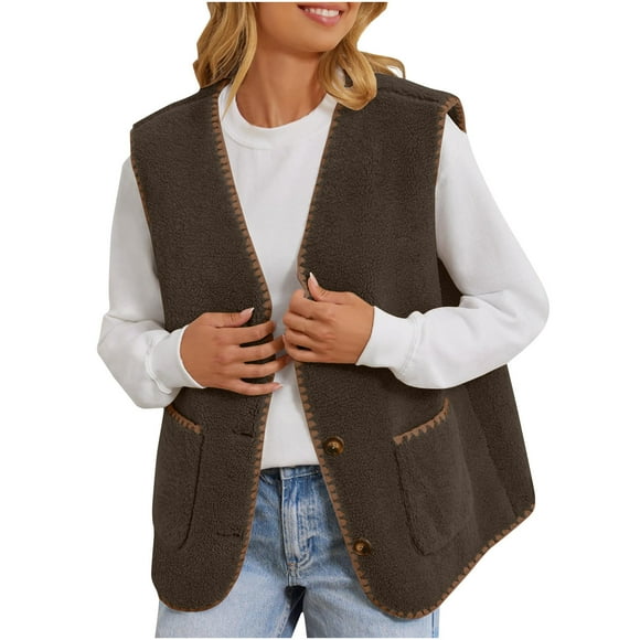 Amzcrzy Women's Vest Women Pocket Coat Short Jacket Winter Sleeveless Fleece Button Solid Outerwear Women's Outerwear Vests Womens Vest Women's Clothing Clothes for Women