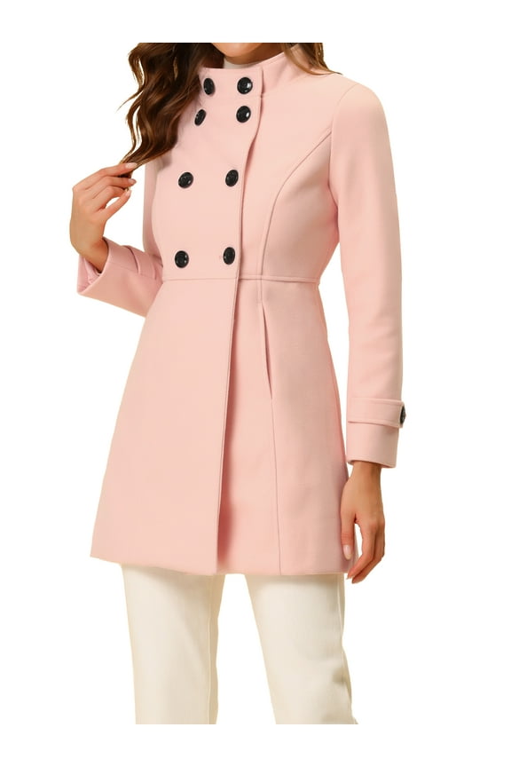 Women's Winter Stand Collar Slant Pockets Double Breasted Coat M Pink
