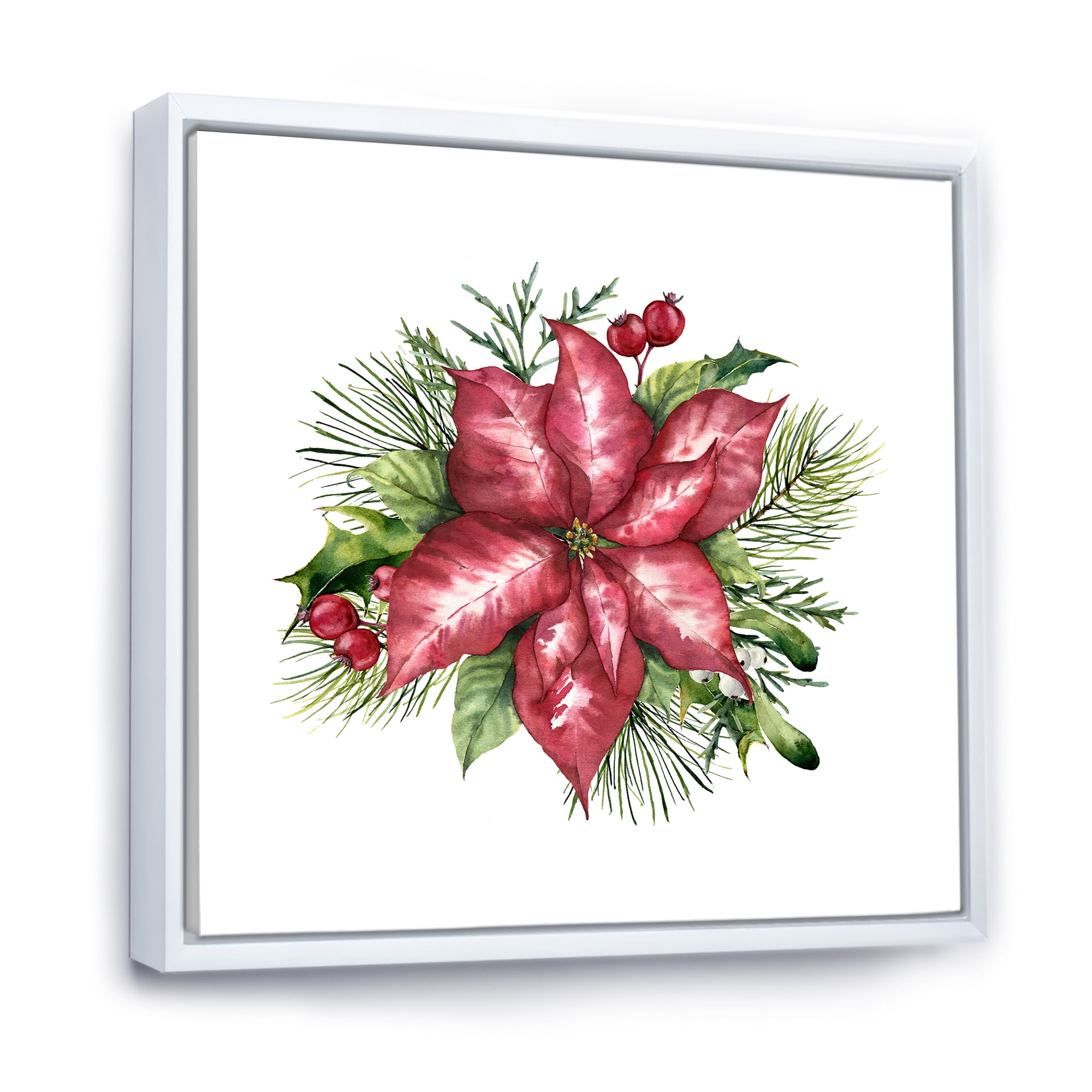 Designart 'Christmas Fir Branch and Holly Mistletoe Berries III' Traditional Framed Canvas Wall Art Print