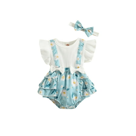 

Calsunbaby Newborn Baby Girls Summer 2Pcs Outfits Set Flying Sleeve Patchwork Romper Headband Clothes Blue Flower 6-12 Months
