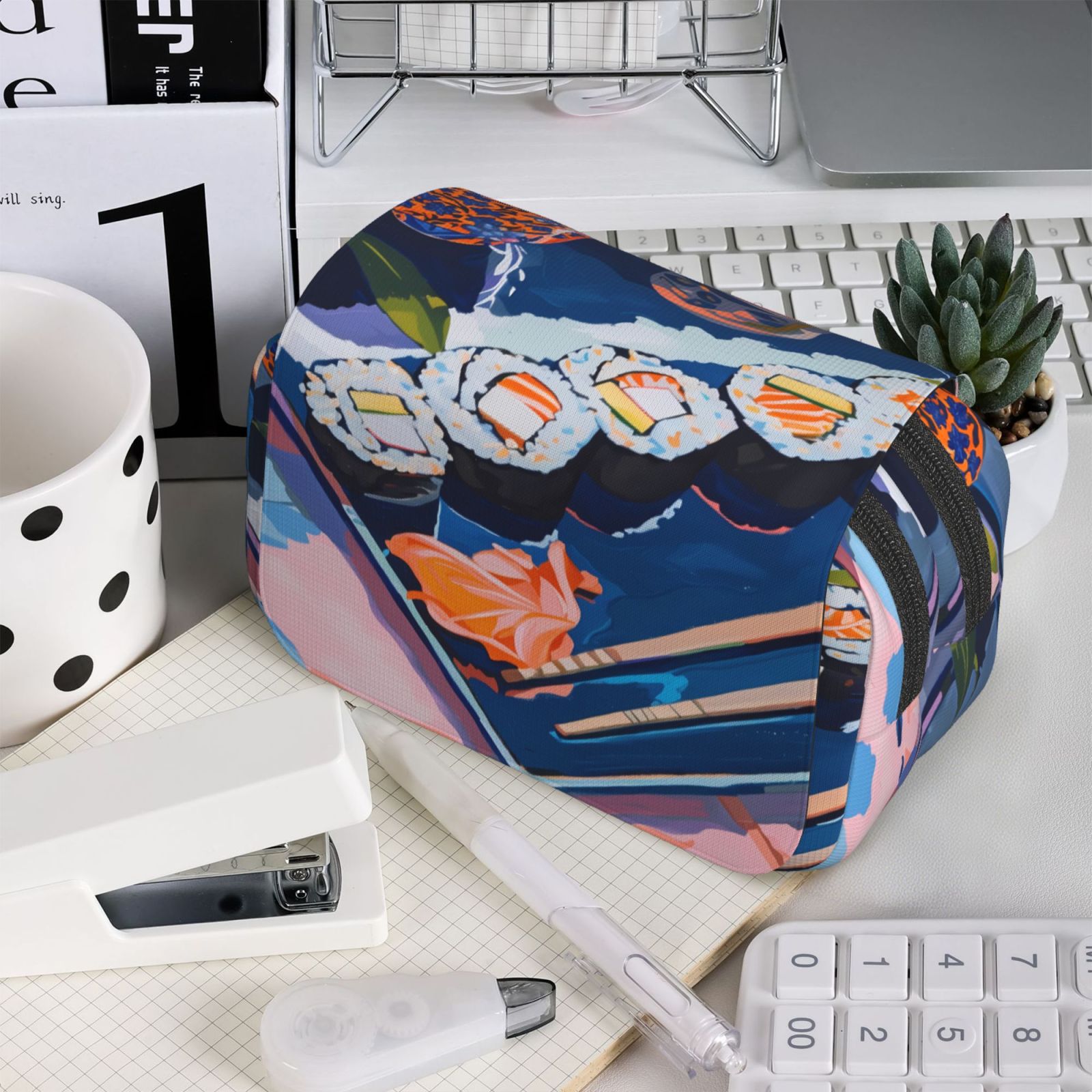 Rateoe Colorful Sushi Food Art Pattern Double Clamshell Pen Case, Storage Organizer with Two Zipper Compartments– Holds Up to 50 Pencils & Pens