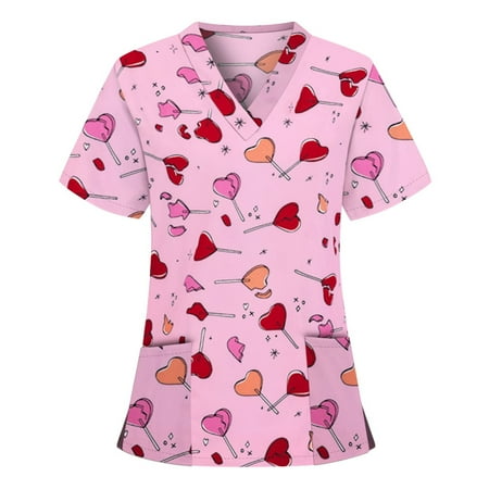 

DENGDENG Womens Scrubs Clearance Love Heart Print Nurse Uniform Womens Winter Tops with Pockets Short Sleeve Womens Fitted T Shirts Holiday V Neck Work Blouses Pink XL