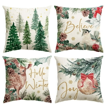 Sm:)e Joy Ball Winter Trees Believe Christmas Pillow Cover Set of 4, 18x18 Inch