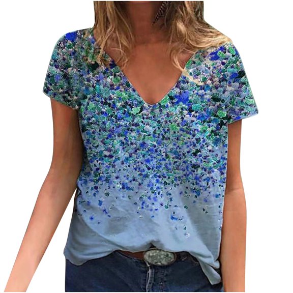 Womens Tops Clearance Under $5 Fashion Woman Causal V-Neck Printing Blouse Short Sleeve T-Shirt Summer Tops